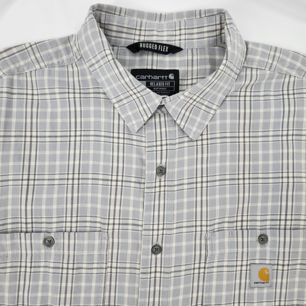 Carhartt Mens Rugged Flex Relaxed Fit Shirt Size 2XL Grey Plaid Lightweight